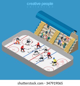 Ice hockey arena stadium competition match play. Sport modern lifestyle flat 3d web isometric infographic vector. Young joyful people team sports championship. Creative sportsmen people collection.