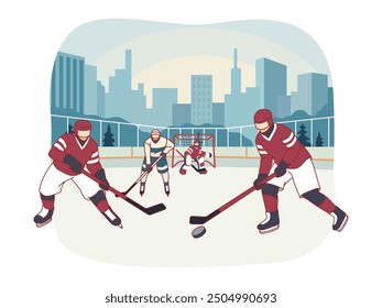 Hockey sobre hielo. Atletas en patinaje uniforme con clubes, atacantes que apuntan a la meta, portero repele ataques, juego deportivo de equipo, torneo o campeonato de dibujos animados plano concepto de Vector aislado