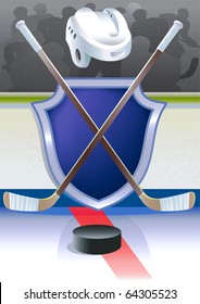 Ice hockey  background with detailed sticks, helmet and shield. Vector illustration.