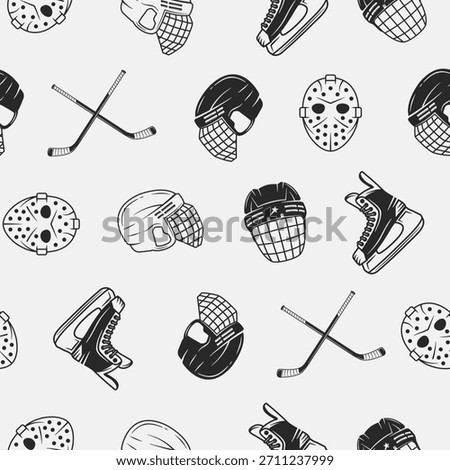 Ice Hockey Background. Ice Hockey seamless pattern. Vintage Hockey Helmets, Cues icons isolated on white background. Vector illustration
