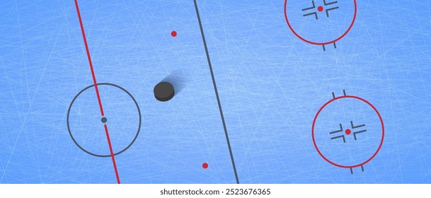 Ilustración vectorial de fondo de hockey sobre hielo. Diseño de la pista de deportes de invierno. disco de hockey y campo en una textura helada azul con marcado para el diseño de la competencia. Actividades invernales y fondo de juego deportivo