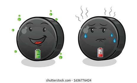 ice hockey ball full battery good mod and low battery bad mod cartoon. cute chibi cartoon mascot vector