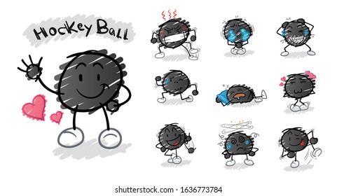 ice hockey ball hand drawn crayon style cartoon with many variations of poses. cartoon mascot vector