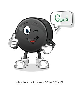ice hockey ball happy good thumbs up cartoon with bubble. cartoon mascot vector