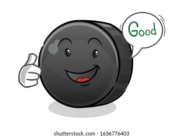 ice hockey ball happy good thumbs up cartoon with bubble. cute chibi cartoon mascot vector