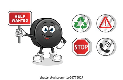 ice hockey ball holding sign cartoon. including recycling sign, caution, stop, telephone. cartoon mascot vector