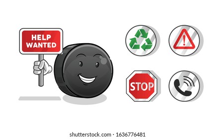 ice hockey ball holding sign cartoon. including recycling sign, caution, stop, telephone. cute chibi cartoon mascot vector