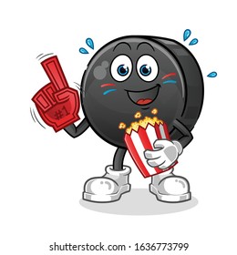 ice hockey ball number one fan eating pop corn cartoon. cartoon mascot vector