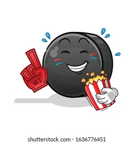 ice hockey ball number one fan eating pop corn cartoon. cute chibi cartoon mascot vector