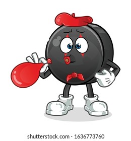 ice hockey ball pantomime blow a red balloon cartoon. cartoon mascot vector