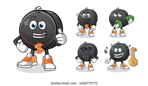 ice hockey ball rich man 5 styles cartoon.  including holding money, gold necklaces, money bags, sunglasses. cartoon mascot vector