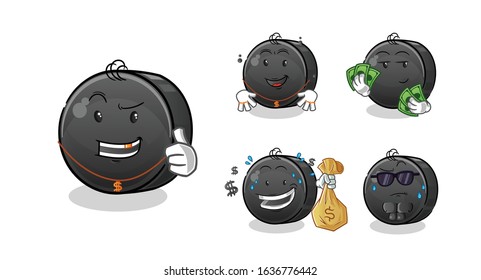 ice hockey ball rich man 5 styles cartoon.  including holding money, gold necklaces, money bags, sunglasses. cute chibi cartoon mascot vector