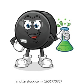 ice hockey ball scientists hold chemical tubes and wear glasses cartoon. cartoon mascot vector