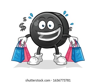 ice hockey ball shopping and holding shopping bags cartoon. cartoon mascot vector