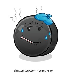 ice hockey ball sick and fever with thermometer and compress cartoon. cute chibi cartoon mascot vector
