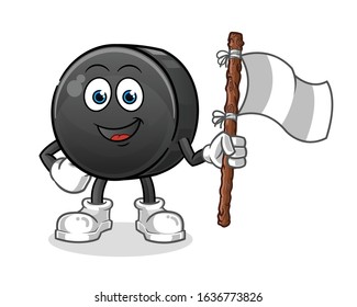 ice hockey ball smiling and holding white surender flag cartoon. cartoon mascot vector