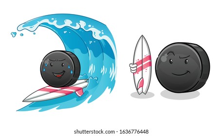 ice hockey ball surfing on the waves cartoon and holding a surfboard. cute chibi cartoon mascot vector