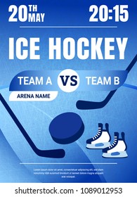 Ice Hockey banner advertising. Vector event announcement. Men's ice Hockey match poster. Teams, arena names. Sport game design. Championship label Illustration. competition flayer.