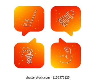 Ice hockey, basketball and badminton icons. Biceps linear sign. Orange Speech bubbles with icons set. Soft color gradient chat symbols. Vector