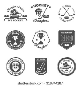  Ice hockey black white labels set with champions league and cup flat isolated vector illustration 