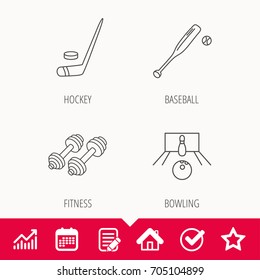 Ice Hockey, Bowling And Baseball Icons. Fitness Sport Linear Sign. Edit Document, Calendar And Graph Chart Signs. Star, Check And House Web Icons. Vector