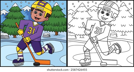 Ice Hockey Boy Player Passing Puck Illustration 