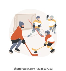 Campo de hockey sobre hielo aisló ilustración vectorial de dibujos animados. Campamento de jornadas de hockey sobre hielo, programa de la Autoridad Palestina, deporte de invierno competitivo para niños, entrenamiento de equipos junior, guardería, caricatura de vectores escolares.