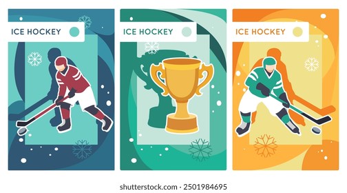 Tarjetas de hockey sobre hielo. Jugadores de Profesional en uniforme con clubes, copa de campeonato, juego deportivo de equipo, delanteros y defensores, juegos de invierno, dibujos animados, concepto de Vector aislado plano