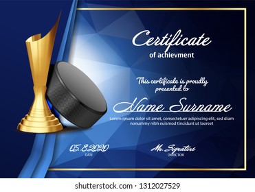 Ice Hockey Certificate Diploma With Golden Cup Vector. Sport Vintage Appreciation. Modern Gift. Print Blank. A4 Horizontal. Event Illustration