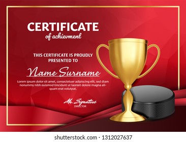 Ice Hockey Certificate Diploma With Golden Cup Vector. Sport Award Template. Achievement Design. Honor Background. A4 Horizontal. Illustration