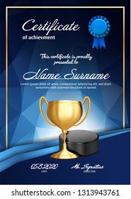 Ice Hockey Certificate Diploma With Golden Cup Vector. Sport Vintage Appreciation. Modern Gift. Print Blank. A4 Vertical. Event Illustration