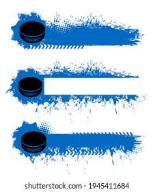 Eishockey Meisterschaft Blindbanner Vorlagen mit Gummipuck, blauen Farben oder Tintensplatten, Flecken und Schmucksträuße, Halbtonvektorstruktur. Eis-Hitzel-Liga-Spiel, Team-Cup-Spielsymbole