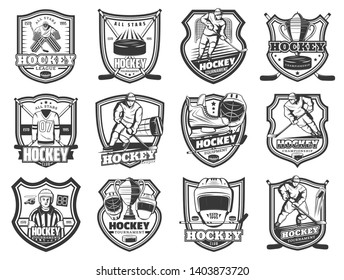 Ice hockey championship match icons, winter sport game cup tournament and league club badges. Vector emblems with ice hockey player in helmet with hockey stick and puck, skates and referee whistle