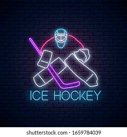 Ice hockey championship neon sign with goalkeeper. Ice hockey competition logo, emblem, symbol design. Vector illustration.