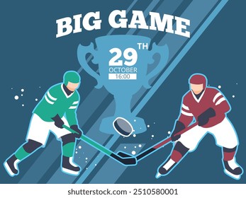 Ice hockey championship poster. Sports game announcement, two players from different teams in uniform with clubs, tournament invitation design, cartoon flat isolated illustration, vector concept