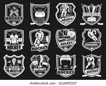 Ice hockey championship and sport club team emblems. Vector ice hockey player icons, stick and puck equipment store, goalkeeper and referee whistle, championship match cup