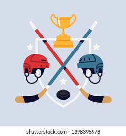 Ice hockey championship or tournament flat design element with helmets, trophy cup, crossed sticks and hockey puck