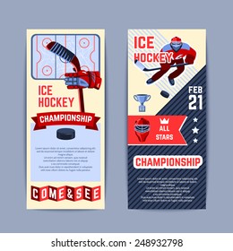 Ice hockey championship vertical banner set with players and sport equipment isolated vector illustration