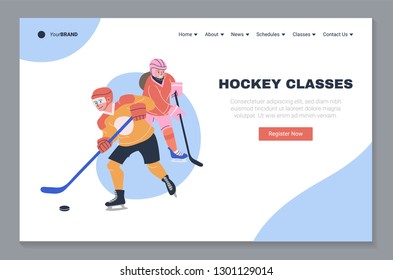 Ice Hockey Classes Landing Page Template. Website Homepage Layout With Place For Your Text And Vector Illustration. Happy Teen Boy And Girl Playing Hockey Game