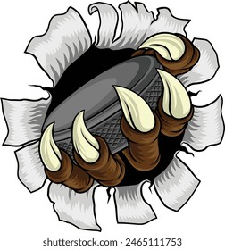 An ice hockey claw sports illustration of an eagle or animal monster hand holding a hockey puck