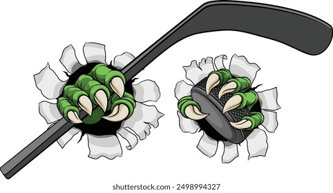 An ice hockey claw sports illustration of an eagle or animal monster hand holding a hockey stick and puck