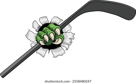 An ice hockey claw sports illustration of an eagle or animal monster hand holding a hockey stick