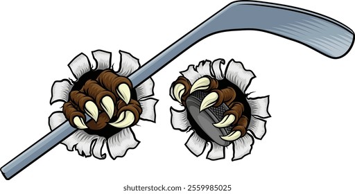 An ice hockey claw sports illustration of an eagle or animal monster hand holding a hockey stick and puck