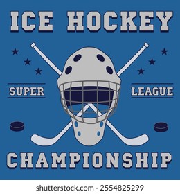 Ice Hockey Club Badge, Typography Template, Sport T-Shirt Graphics. Two crossed hockey sticks and a puck. Vector illustration