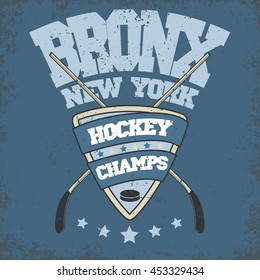 Ice Hockey Club Badge, Typography Template, Sport T-Shirt Graphics. Two crossed hockey sticks, mask and a puck
