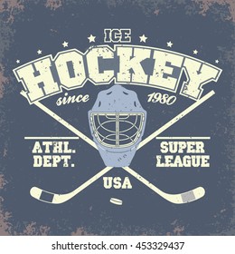 Ice Hockey Club Badge, Typography Template, Sport T-Shirt Graphics. Two crossed hockey sticks and a puck