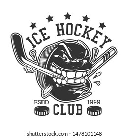 Ice hockey club or college league t-shirt print template. Vector ice hockey sport team mascot badge of rage puck breaking hockey stick with teeth, championship or victory cup tournament game stars