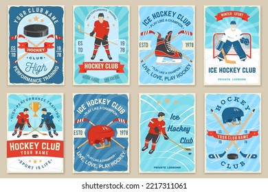 Ice Hockey club flyer, brochure, banner, poster. Concept for shirt or logo, print, stamp or tee. Winter sport. Vintage typography design with player, sticker, puck and skates silhouette. Vector.