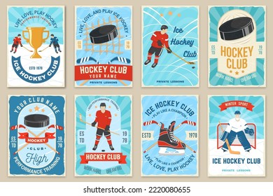 Eishockeyklubflyer, Broschüre, Banner, Poster. Konzept für Hemd oder Logo, Druck, Stempel oder Abschlag. Wintersport. Vintage Typografie Design mit Player, Aufkleber, Puck und Skates Silhouette. Vektorgrafik.