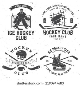 Ice Hockey club logo, badge design. Concept for shirt or logo, print, stamp or tee. Winter sport. Vintage typography design with player, sticker, puck and skates silhouette. Vector.